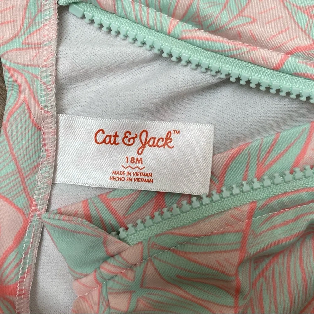 Cat & Jack Toddler Girl Rash Guard Swimsuit 18M Mint & Pink